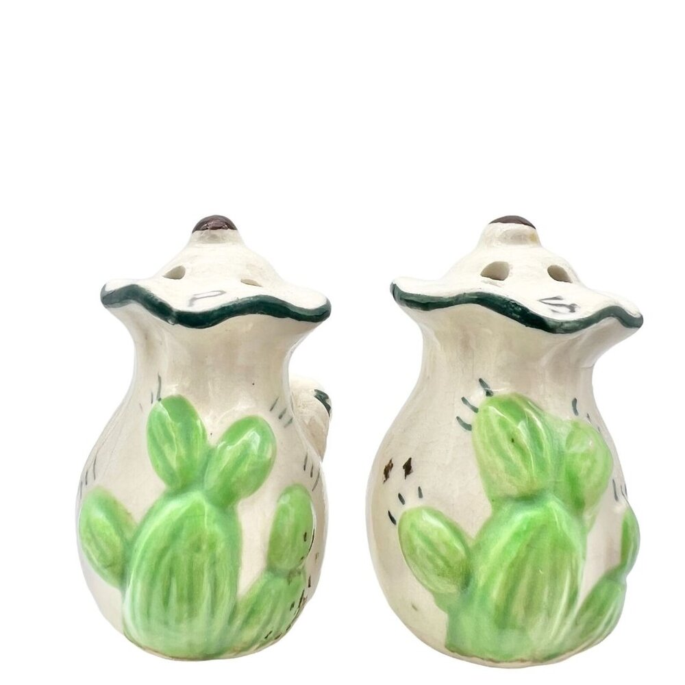 Vintage Hand-Painted Ceramic Cactus Salt & Pepper Shakers With Cork Stoppers